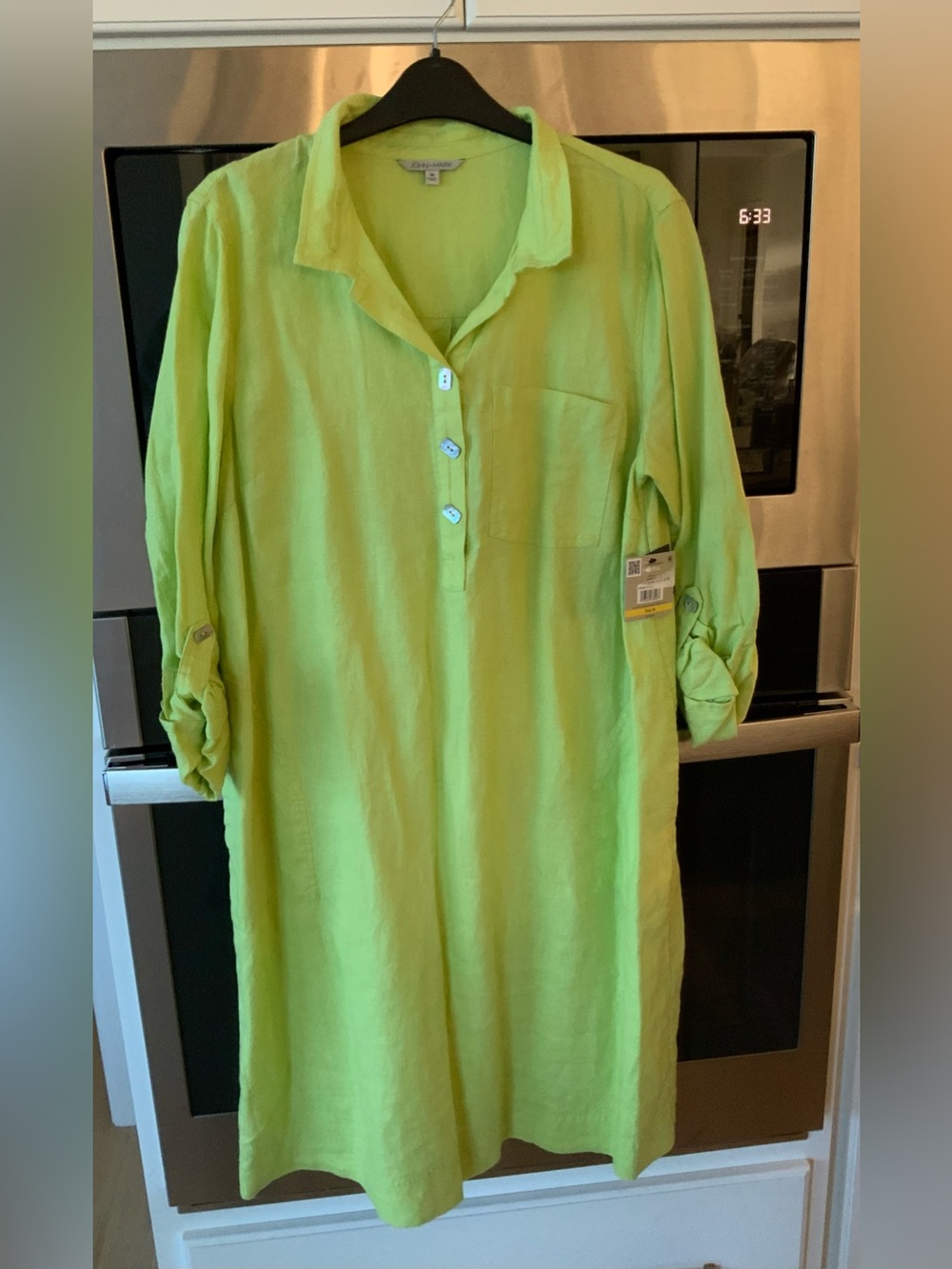 John Mark Linen Dress M Roll Tab Sleeve Wire Collar Button Placket Pockets Green